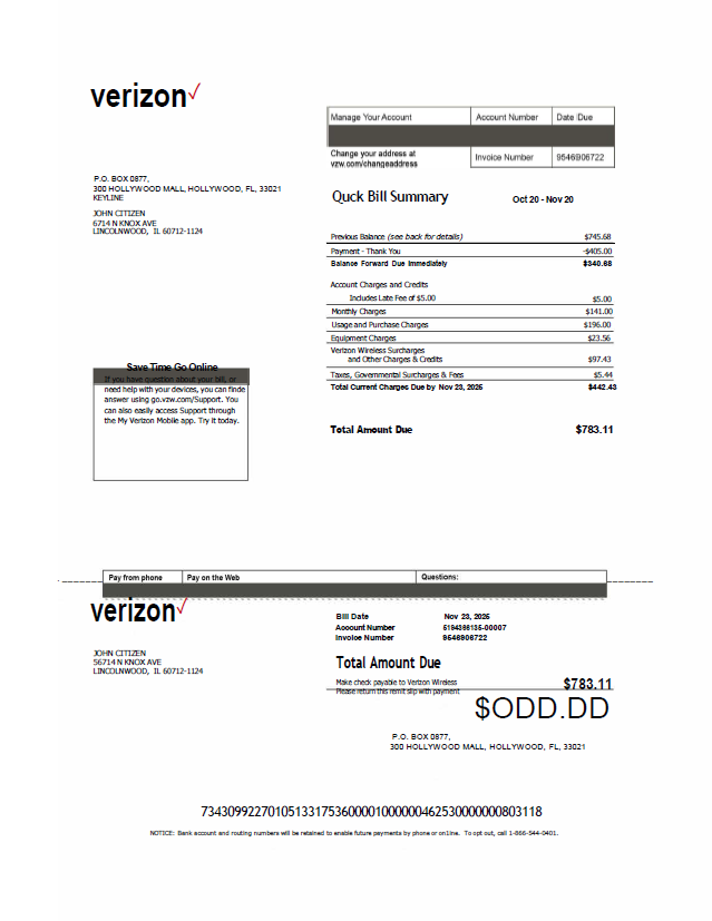 USA Verizon utility bill template in Word and PDF formats, version 2
